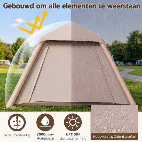Opblaasbare tent - pblaasbare glamping tent - Waterdicht - Tot 4 personen - Khaki - Camping - Tuin - Glamping - 230L x 230B x 163H cm — afbeelding 2