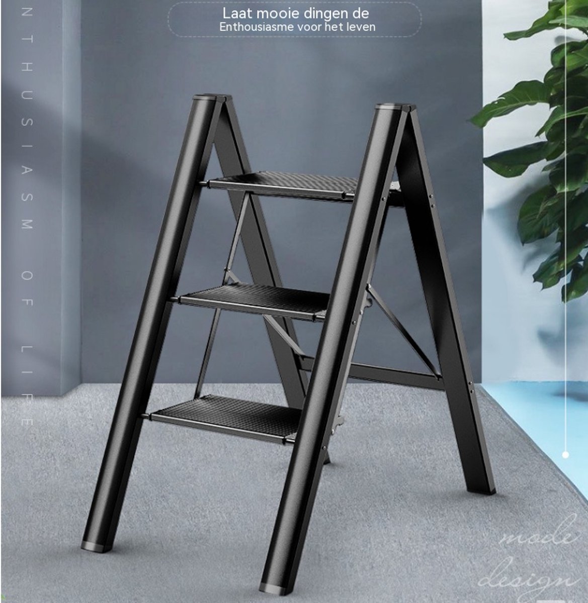 Huishoudtrap 3 Treden - Opstapje 3 Treden - Vouwladder-Keukentrap – Brede Treden –Antislip – Lichtgewicht - Opklapbaar - Keuken - 150 kg- 1 Stuk-Zwart – foto 8