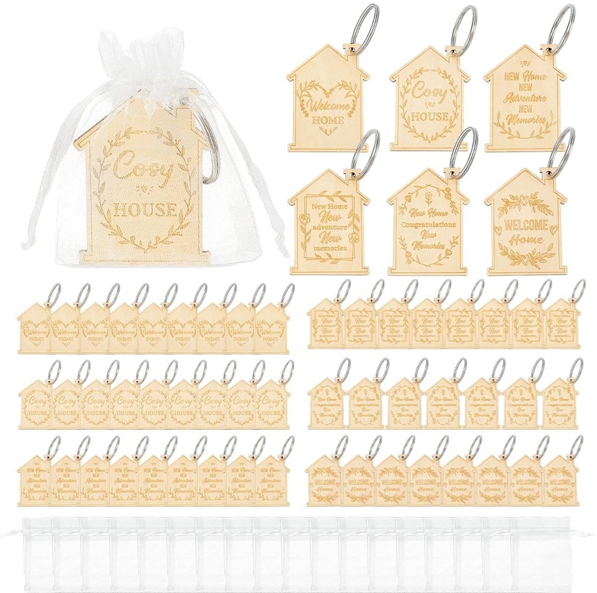 Dailygoods- Sleutelhanger Houten Huisvorm - 60 Stuks - Sleutelhanger Ringen - Organza Zakjes - Nieuwe Thuis - Geschenken Familie - Huissleutelhanger