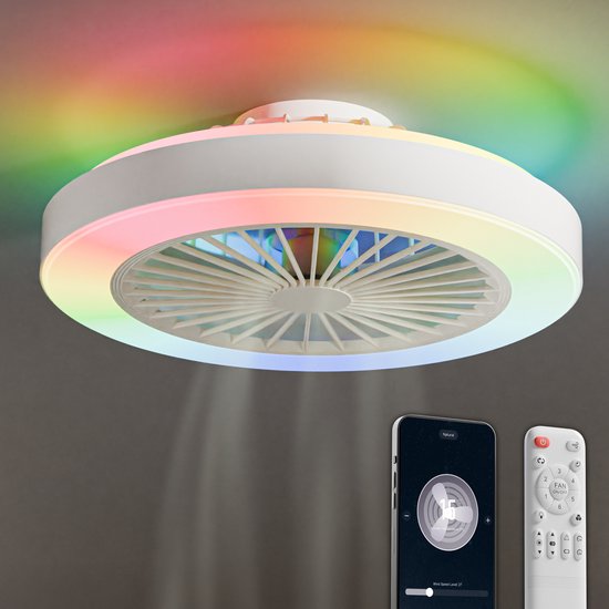 Witte plafondventilator met RGB verlichting, smartphone app en afstandsbediening.
