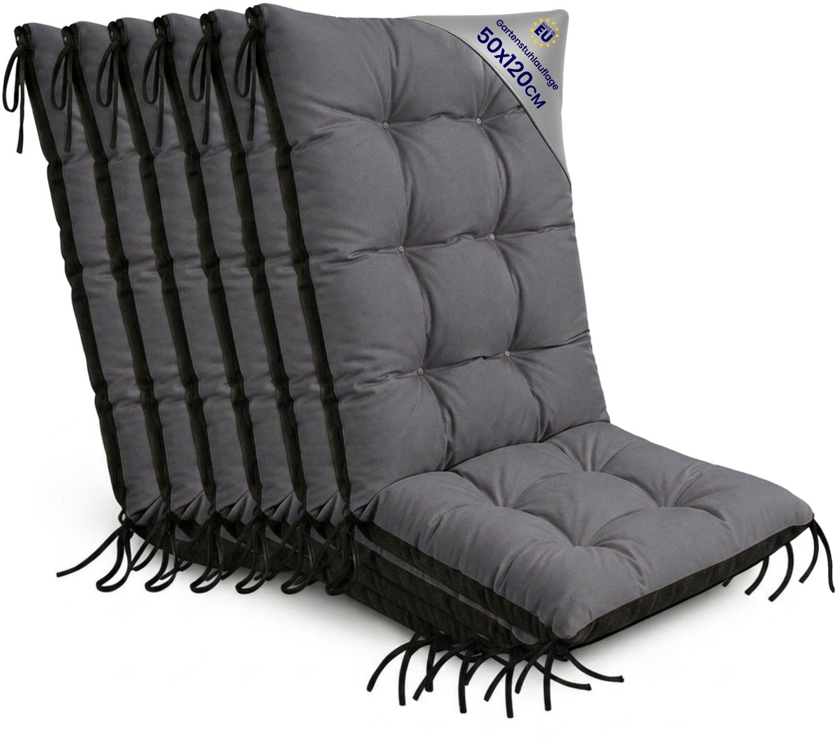 Tuinstoelkussens Hoge Rug Set: 6x 50x120 cm - Kussens voor Tuinstoelen & Standenstoel Terrasstoel Grafiet Stoelkussens Tuin Zitkussen Extra Dik 10 cm met Bindlinten