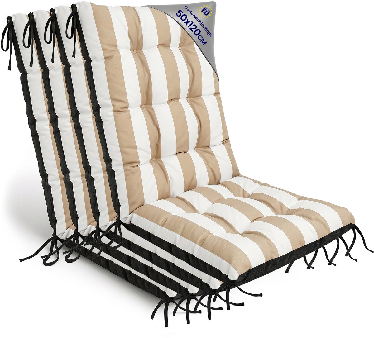 Tuinstoelkussens Hoge Rug Set: 4x 50x120 cm - Kussens voor Tuinstoelen & Standenstoel Terrasstoel Wit-beige strepen Stoelkussens Tuin Zitkussen Extra Dik 10 cm met Bindlinten