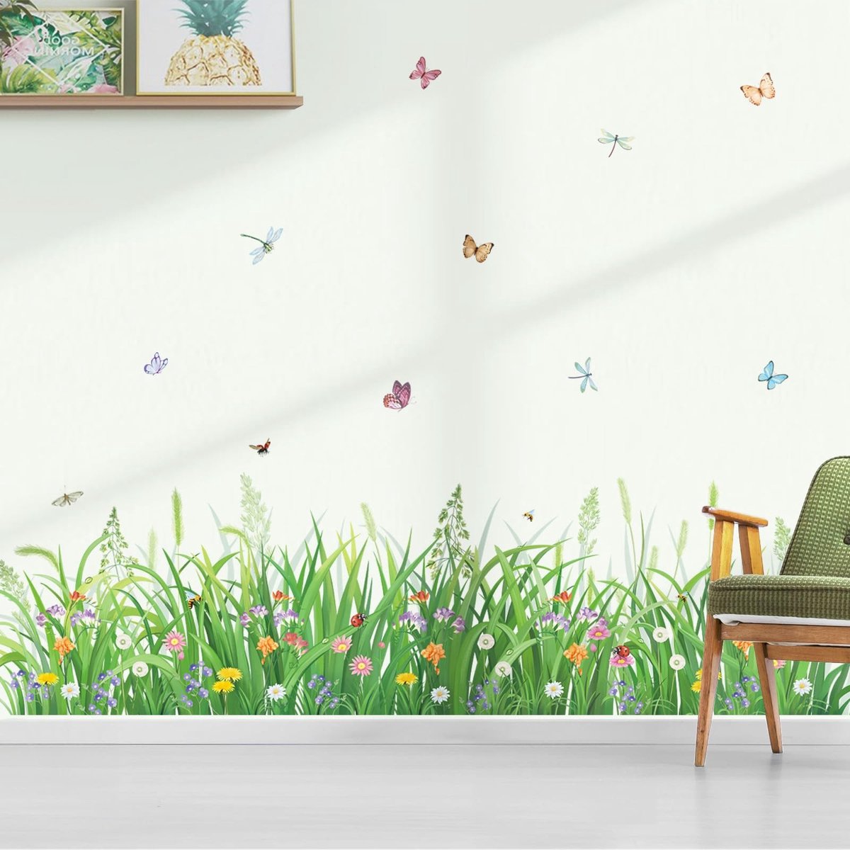 Dailygoods- Muurstickers Groene Plant - Bloemen/Vlinders - Muurdecoratie Baby/Slaapkamer - PVC/Muurstickers - Eenvoudig te Verwijderen - Niet Giftig