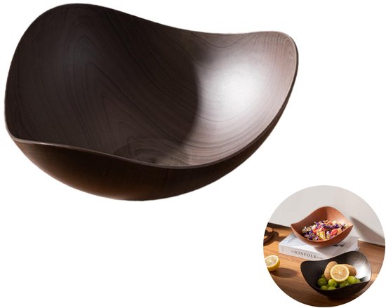 Donkerbruine, houtnerf design fruitschaal met golvende vorm, op witte achtergrond. Kleine weergave in hoek met inhoud.