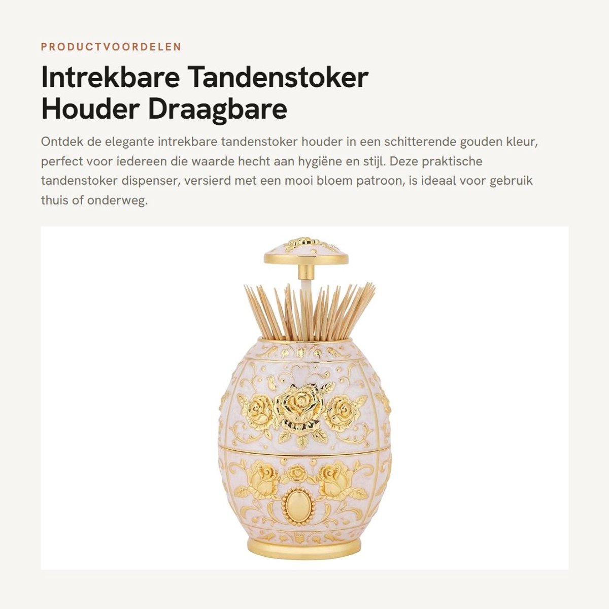 Dailygoods- Tandenstokerhouder Intrekbaar - Draagbaar - Zinklegering - Bloem Patroon - Ei Stijl - Handpers - Tandenstoker