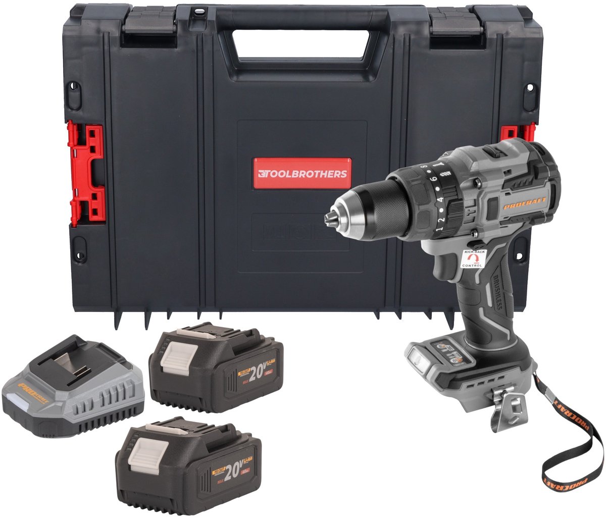 Procraft Industrial CD20B-BB accu-boorschroevendraaier 20 V 150 Nm borstelloos + 2x accu 4,0 Ah + oplader + RHINO-gereedschapskoffer