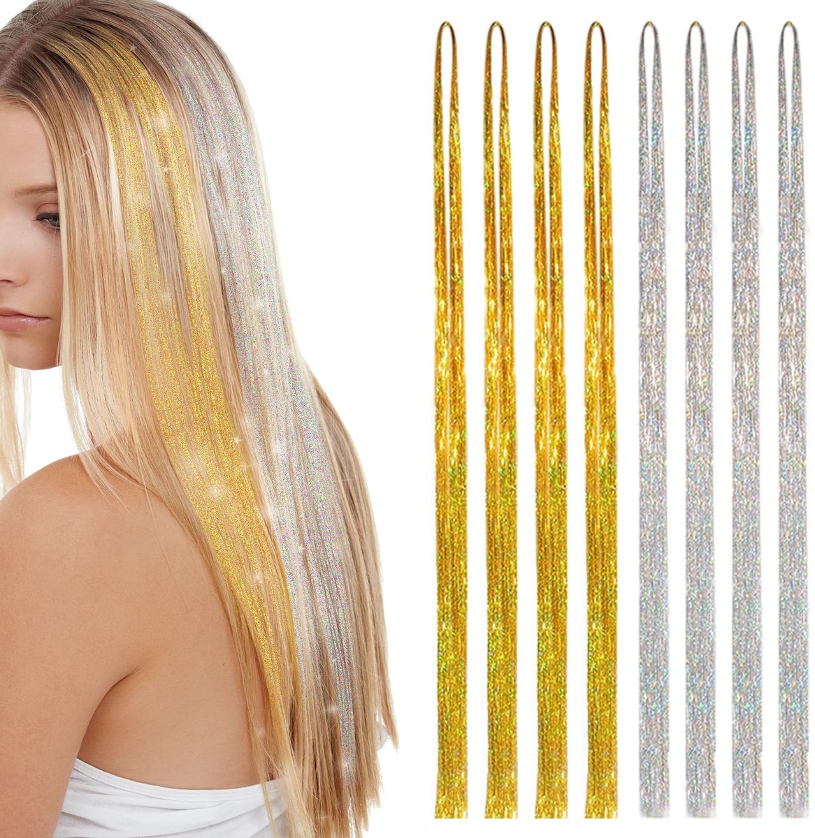Dailygoods- Haar Extensies 8 Stuks - Klatergoud Set - 1440-1600 Strengen - 47 Inch - Sprankelend Glanzend - Haaraccessoires