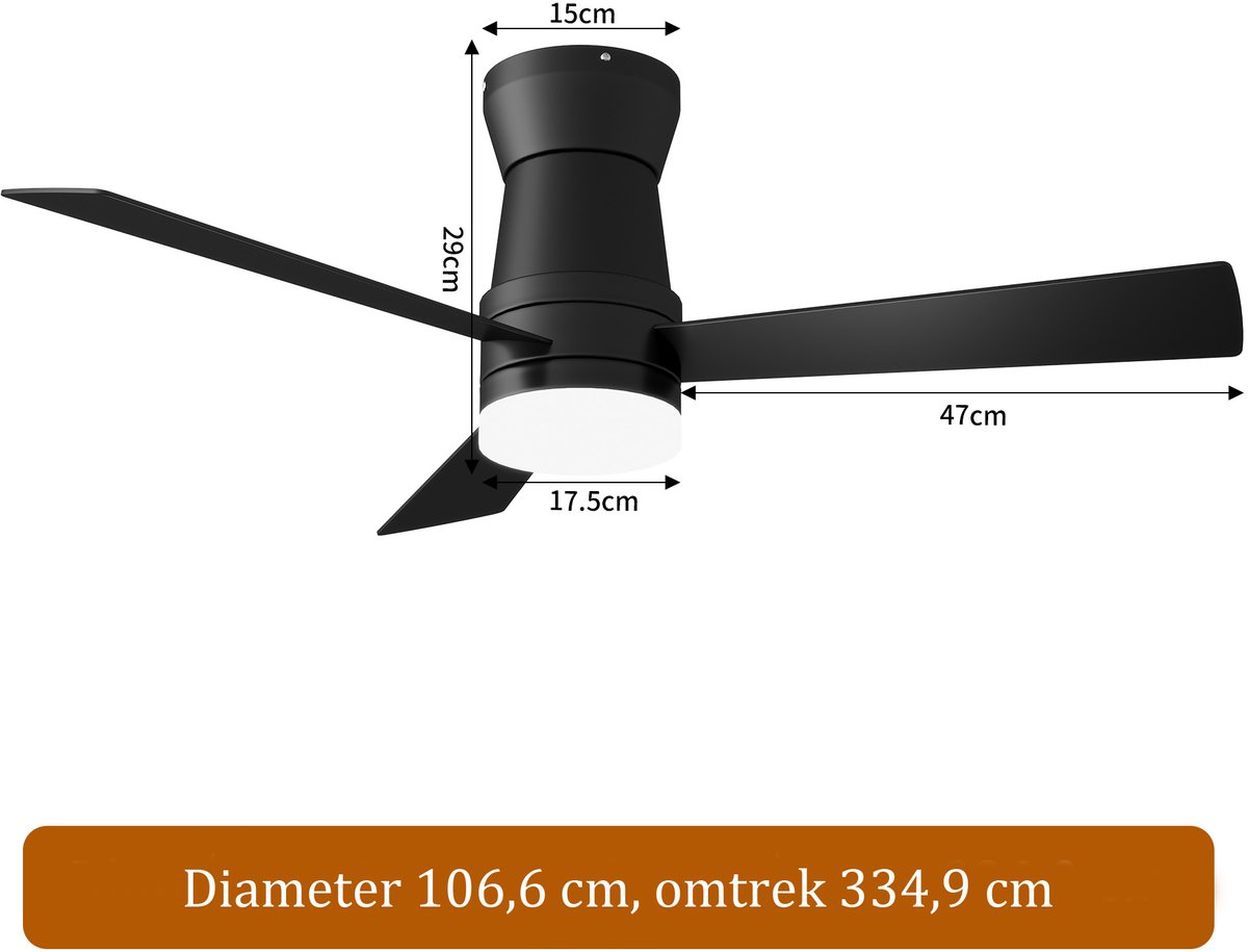 2-in-1 Plafondventilator, LED-Verlichting, 3 Instelbare Kleuren, 6 Snelheden, 3 Bladen, Sfstandsbediening, Timerfunctie, Geschikt voor Zowel Winter als Zomer, Ideaal Woonkamer (Zwart, 107 cm)