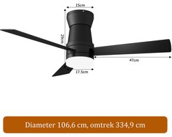2-in-1 Plafondventilator, LED-Verlichting, 3 Instelbare Kleuren, 6 Snelheden, 3 Bladen, Sfstandsbediening, Timerfunctie, Geschikt voor Zowel Winter als Zomer, Ideaal Woonkamer (Zwart, 107 cm)