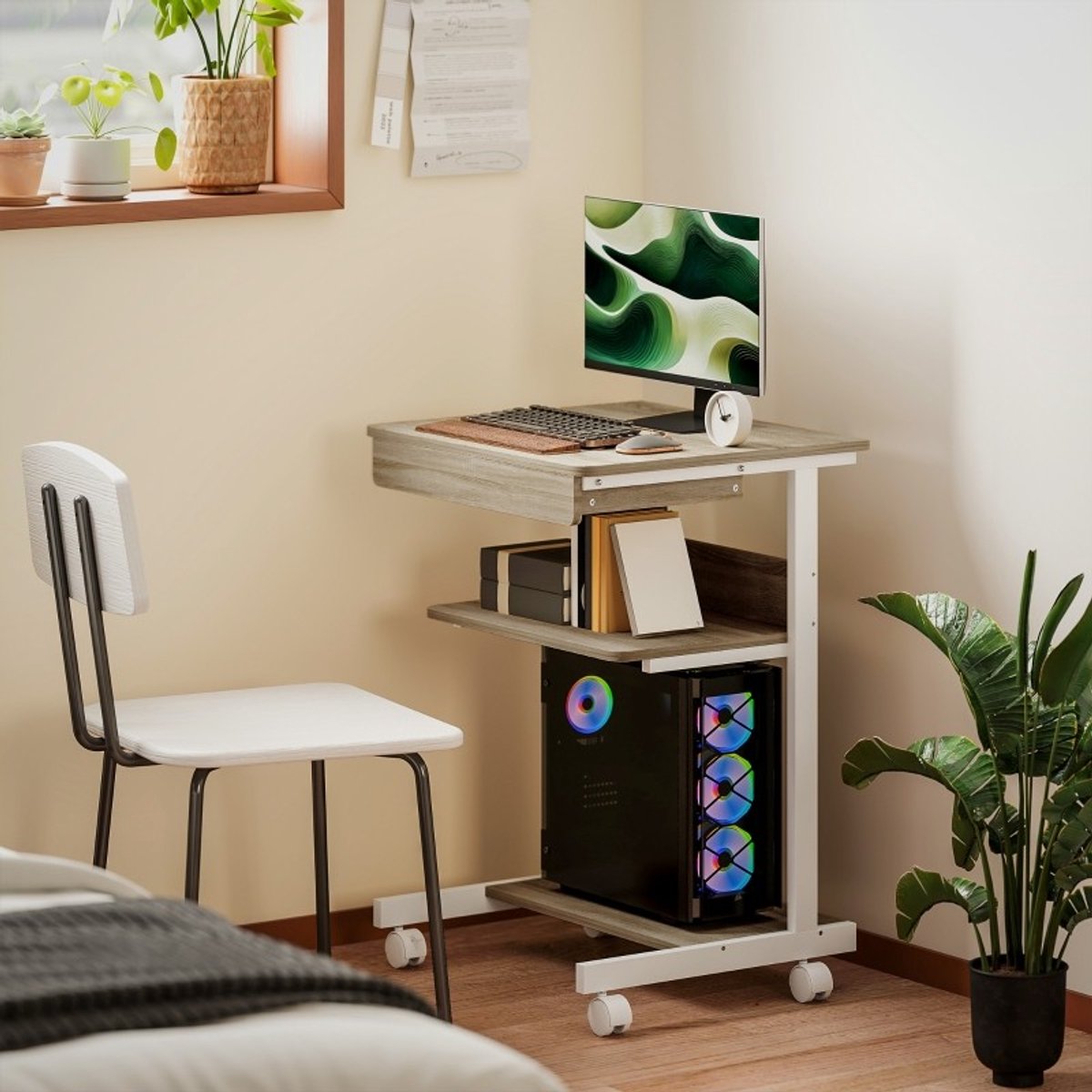 YYchan computerbureau - houtkleur - 56 x 51 x 79 cm - met lade - met opbergruimte - met wielen