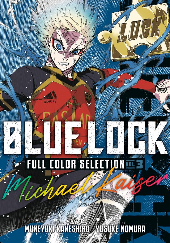 Blue Lock Full Color Selection Vol 3 : Michael Kaiser aux cheveux bleus et blancs, maillot de football Adidas.