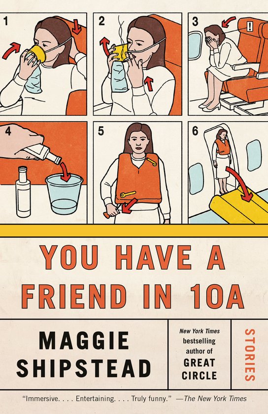 Boekomslag met zes illustraties van vliegtuigveiligheidsprocedures en de titel 'YOU HAVE A FRIEND IN 10A'.