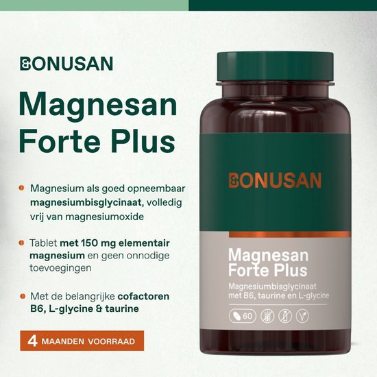 Flesje Magnesan Forte Plus met tekst over de voordelen en samenstelling. "4 maanden voorraad".