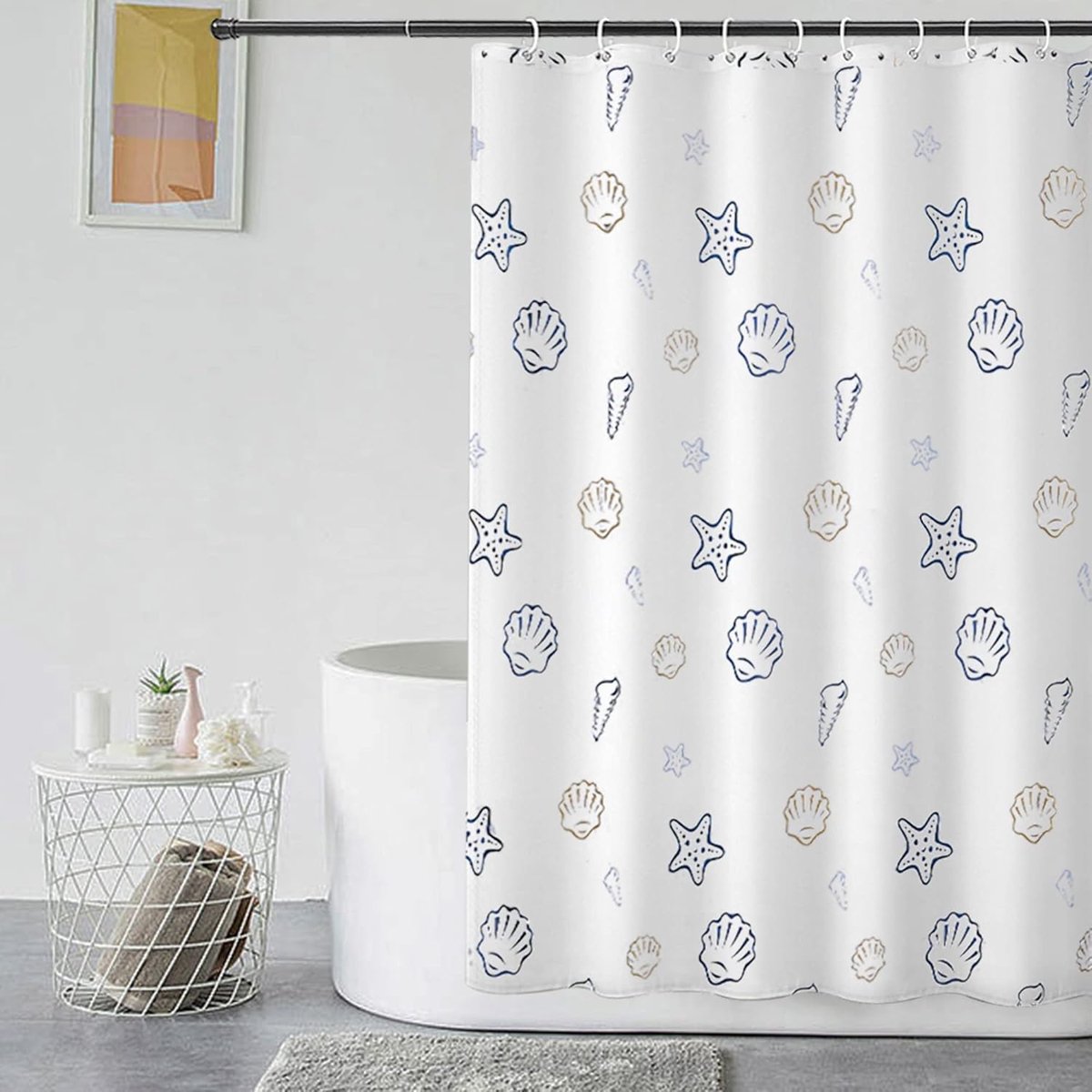 Douchegordijn 80 x 180 cm - Zeemotief - Verzwaarde zoom - Schimmelwerend - Waterdicht - Wasbaar - Van polyester - Met oogjes en ringen voor douchegordijn - Voor de badkamer - Polyesterweefsel