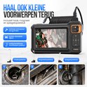 Zwarte inspectiecamera met 3 verwisselbare opzetstukken: haak, magneet en spiegel. Illustreert het terughalen van verloren voorwerpen.