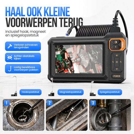 Zwarte inspectiecamera met 3 verwisselbare opzetstukken: haak, magneet en spiegel. Illustreert het terughalen van verloren voorwerpen.