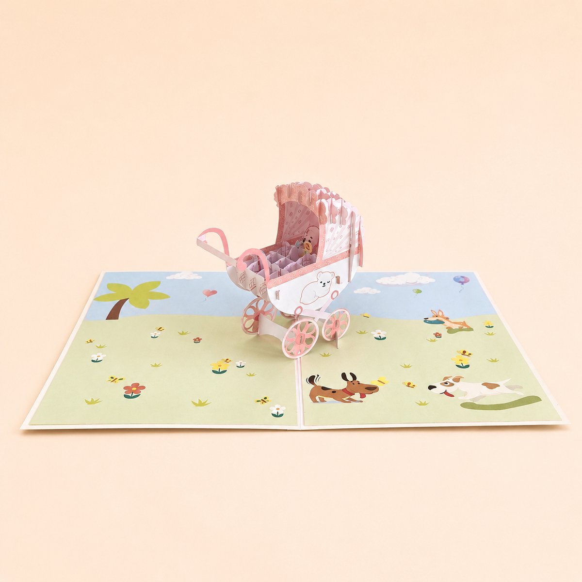 Paperbloom 3D Pop-Up Geboortekaart Meisje – Roze Kinderwagen – Luxe Felicitatiekaart voor Geboorte Baby – Wenskaart
