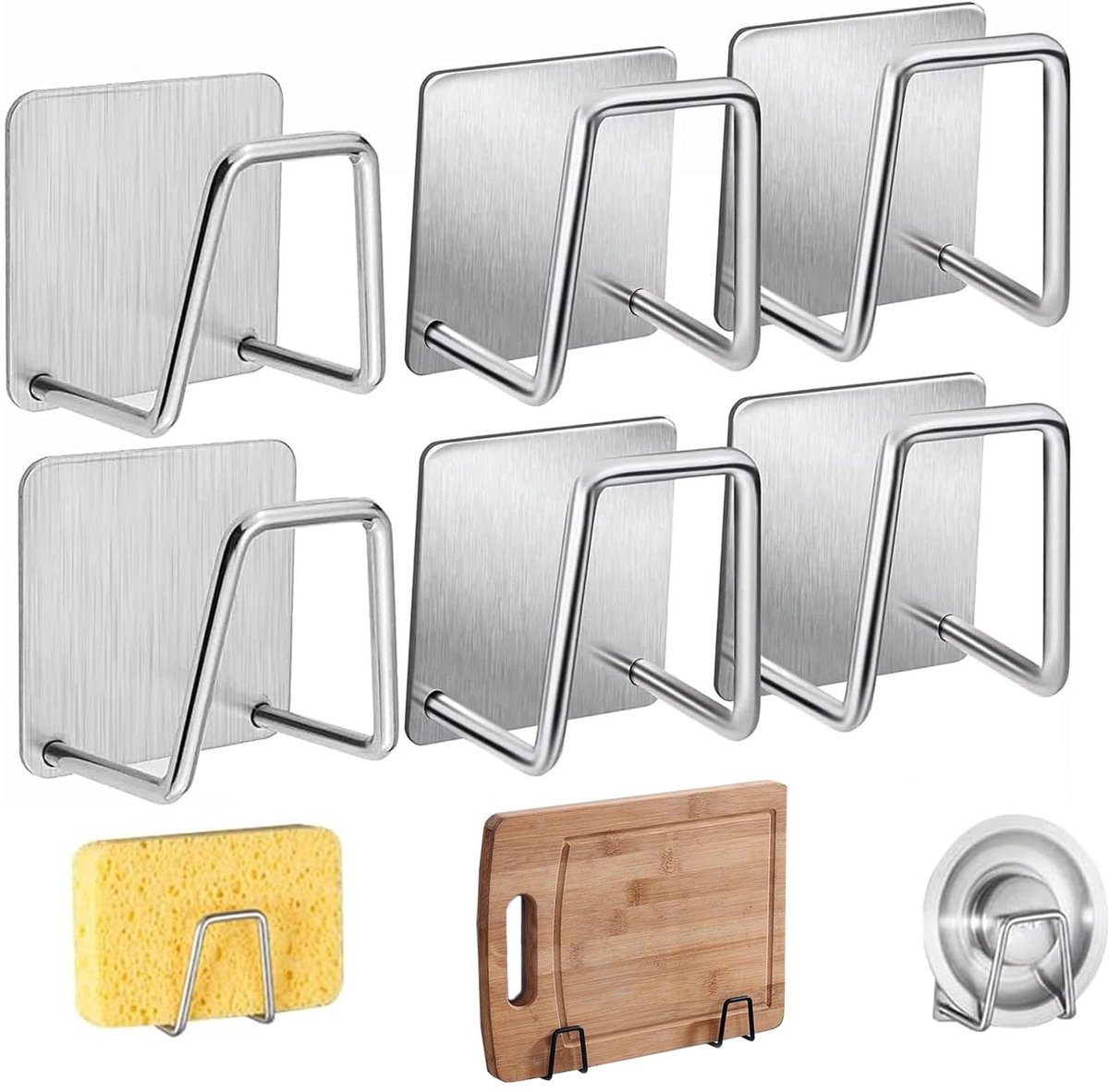Dailygoods - Guidre 6 Stuks Zelfklevende Sponshouder voor Keuken - Zilveren Waterdichte Haak voor Spoelspons, Wastafel en Keukenspoelbak