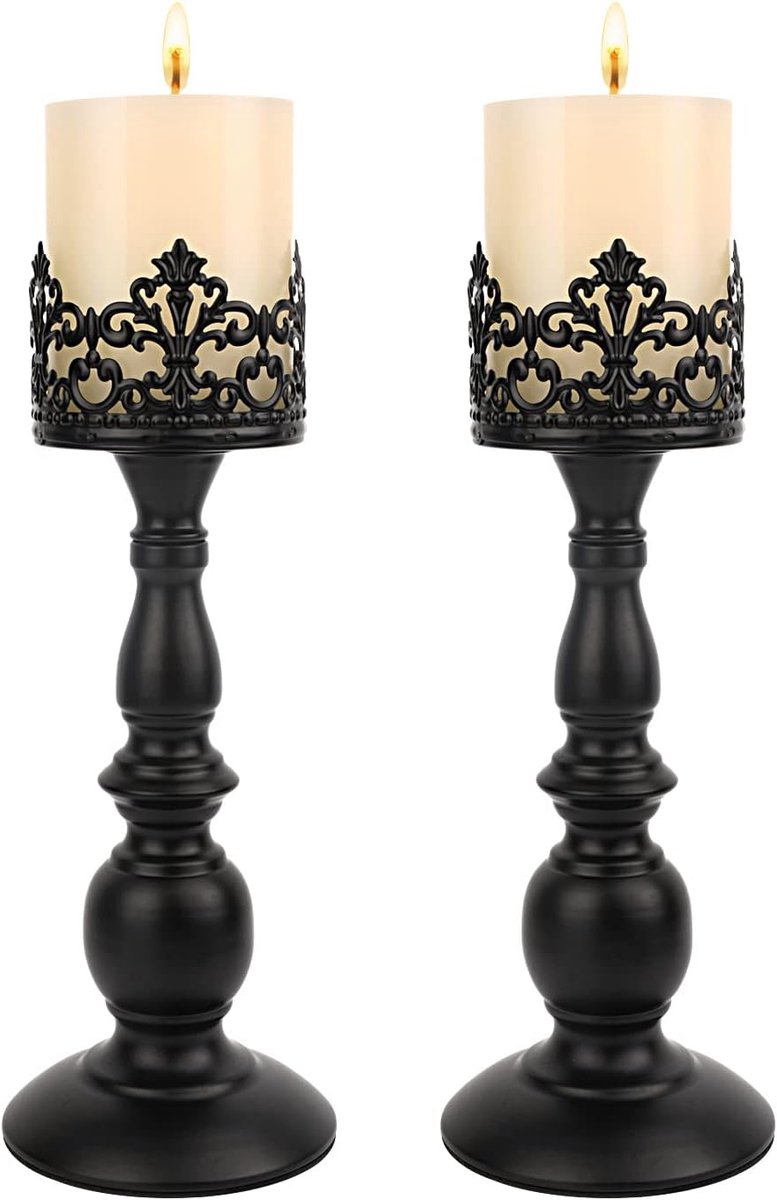 Kaarsenhouders voor pijlerkaarsen gotische matzwarte vintage hoge kandelaars set van 2 decoratieve grote tafel centerpieces kandelaar decor (zwart 2 stuks A)