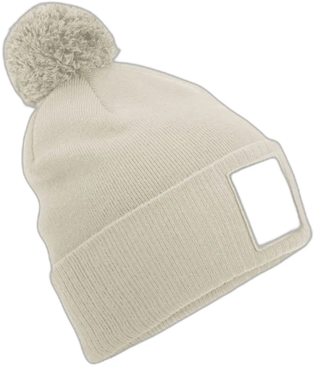 Appliqué Patch Pom Beanie - Oatmeal/White - One Size