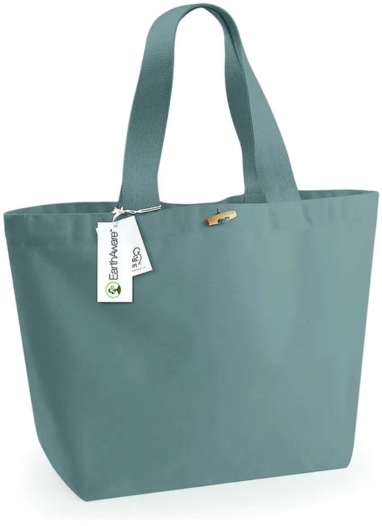 Grijze EarthAware® XL tas van biologisch katoen met dubbele hengsels en een houten knoopsluiting.
