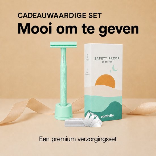 Mintgroen scheerapparaat met houder, verpakking en mesjes, omringd door lint.