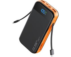 Sounix Powerbank 30.000 mAh - 22.5W Snellader - Ingebouwde Kabels - 5 Oplaadpoorten - LED Indicatie - Zwart/Oranje