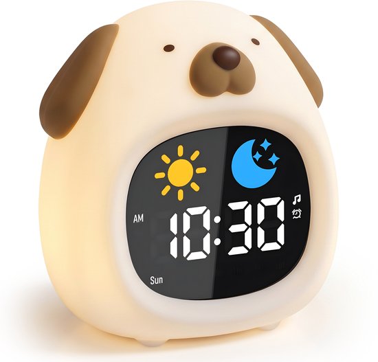 Wit hond-vormige wekker met bruine oren en neus. Het display toont 10:30 met een zon en maan.