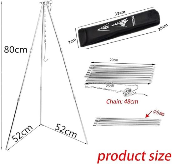 BBQ driepoot frame, driepoot, telescopisch frame, grillstandaard, koken in de open lucht, statief, inklapbaar, kampvuur, grillrooster, standaard, camping, statief met ketting en haak van Livin'outdoor — afbeelding 2