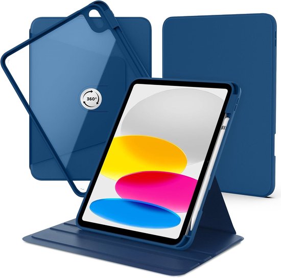 Étui pour tablette bleu foncé en trois parties : fermé, ouvert et en mode support avec Apple Pencil.