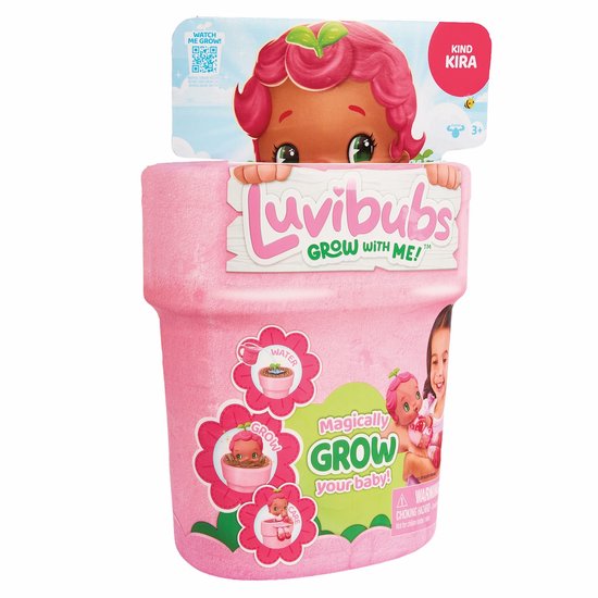 Luvibubs 'Kind Kira' pop in roze bloempot verpakking met illustraties van het groeiproces. Kind kijkt verbaasd.