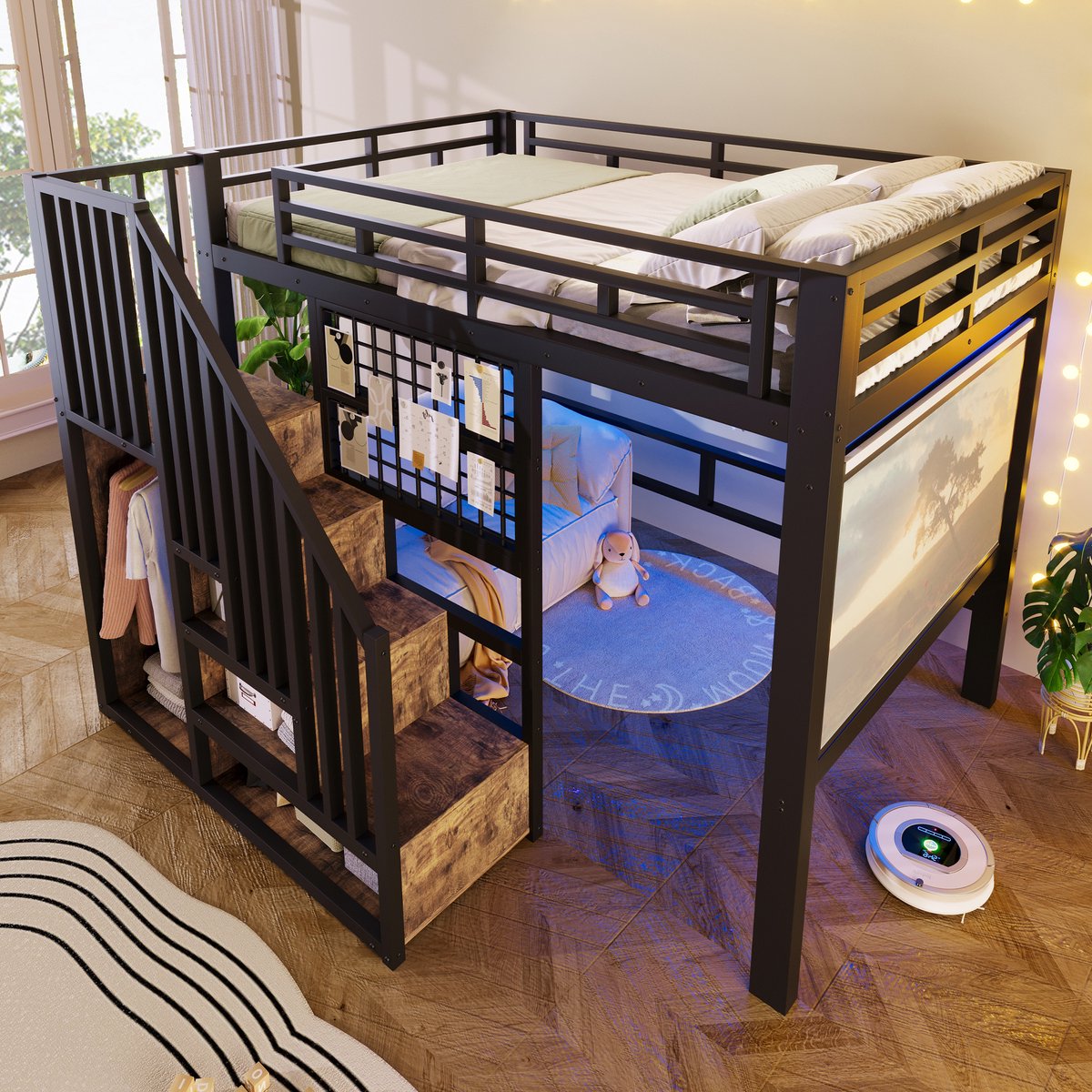 Merax Hoogslaper 140 x 200 cm - met LED-verlichting - opbergleuning met trap - reling - kledingstang - zonder matras - zwart