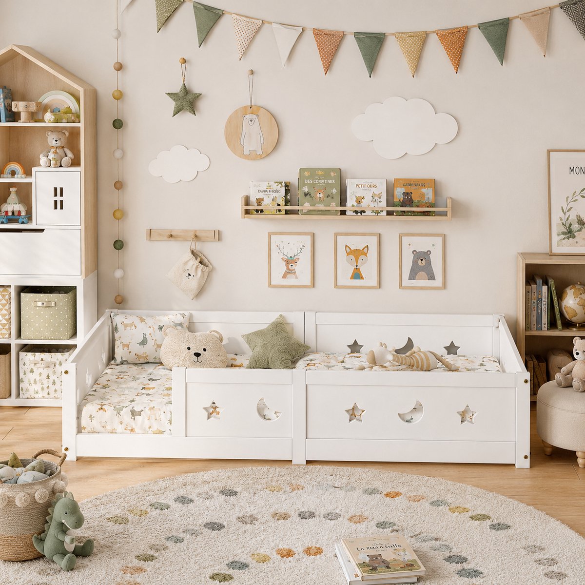 MEXUS Vloerbed 90x200 cm - Peuterbed - Montessori bed - Kinderbed met valbeveiliging - uitgesneden sterren en manen - Wit
