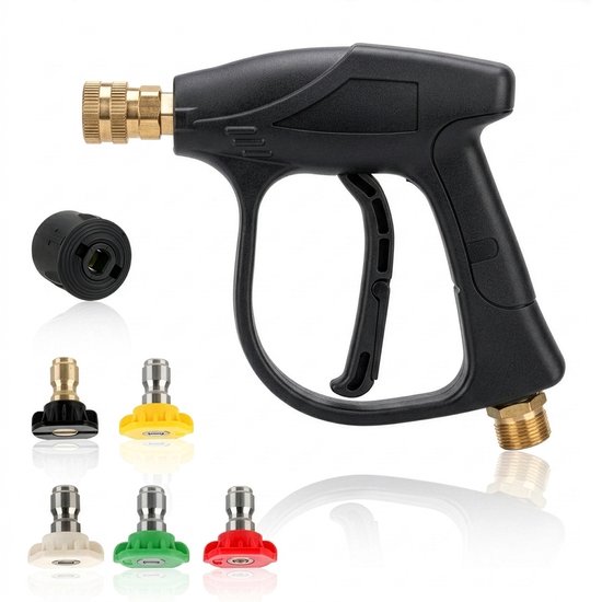 Pistolet nettoyeur haute pression noir avec raccords en laiton et 6 buses interchangeables de différentes couleurs.