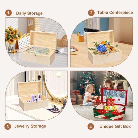 kist met deksel, 30 x 20 x 14 cm, houten kist, herinneringsbox, babyhouten box, multifunctionele kist, opbergdoos, sieradenkistje met scharnierdeksel, herinneringskist, knutseldoos, speelgoed — afbeelding 3