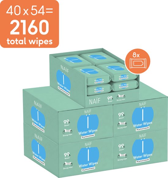 Naïf - Sterke Waterwipes - 99% Water - 0% parfum en 0% alcohol - 2160 doekjes (40 stuks x 54 doekjes)