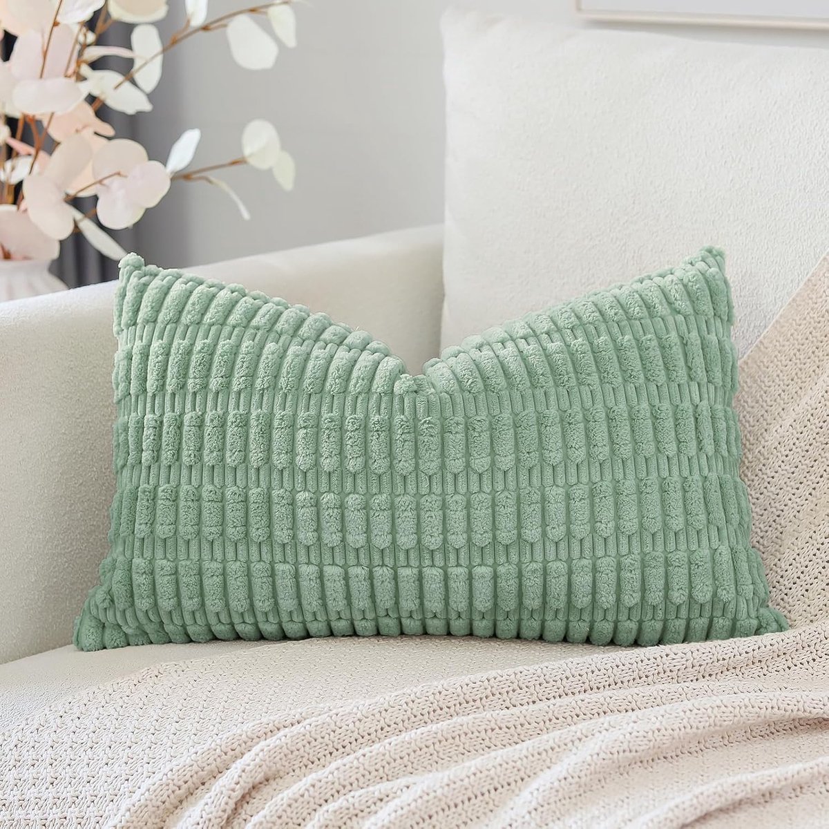 Corduroy set van 1 kussenhoes 30 x 50 cm, superzacht, boho, gestreepte lendenkussenhoezen, decoratieve moderne kussenslopen voor bank, slaapkamer, auto, decoratie, aquagroen