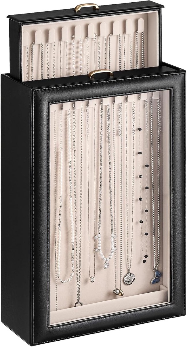 Ketting Organizer Box, 2-laags sieraden opbergdoos met doorzichtig deksel voor kettingen, wirwar vrije ketting vitrine voor vrouwen meisjes - zwart