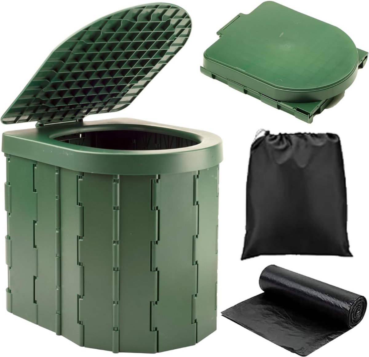 Ploutos® Toiletemmer Met Deksel - Toiletemmer met Bril en Deksel - Mobiel Noodtoilet - Groen - 29cm x 27cm x 31cm