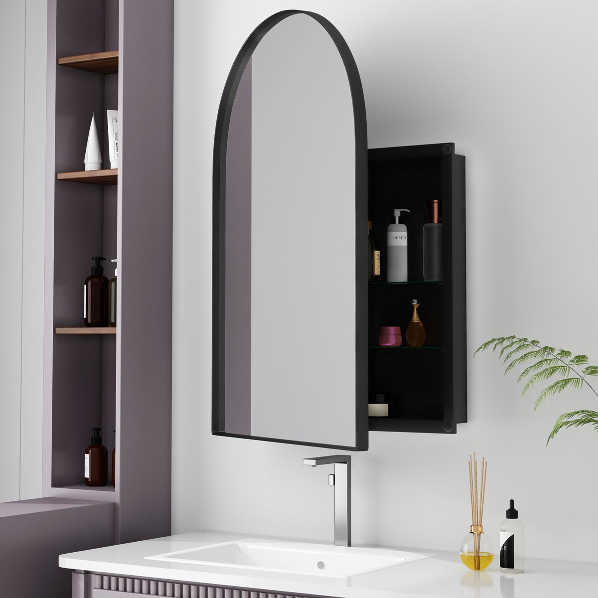 DESMIU Spiegelkast - Halfronde Wandkast Met Metalen Frame En Verstelbare Glasplanken - Badkamer En Slaapkamer - Zwart - 91x61x12 Cm