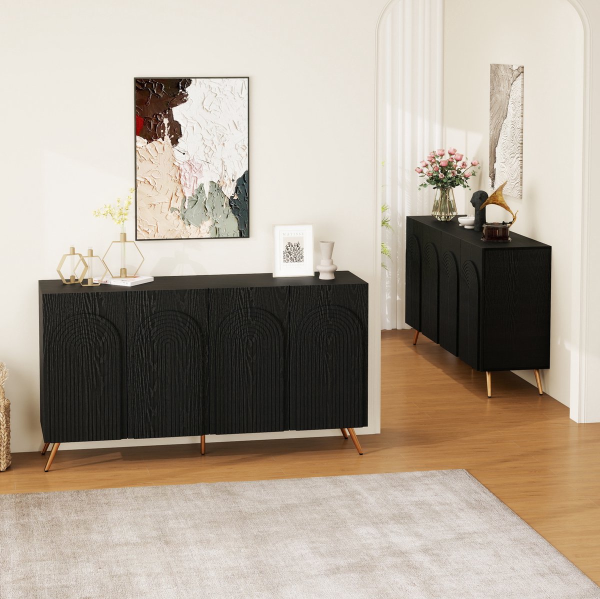 FloraGrace Dressoir - Mid-Century Design Met 3D-Ribbels En Boogdeuren - Voor Hal En Woonkamer - Spaanplaat - 150x38x83 Cm - Zwart