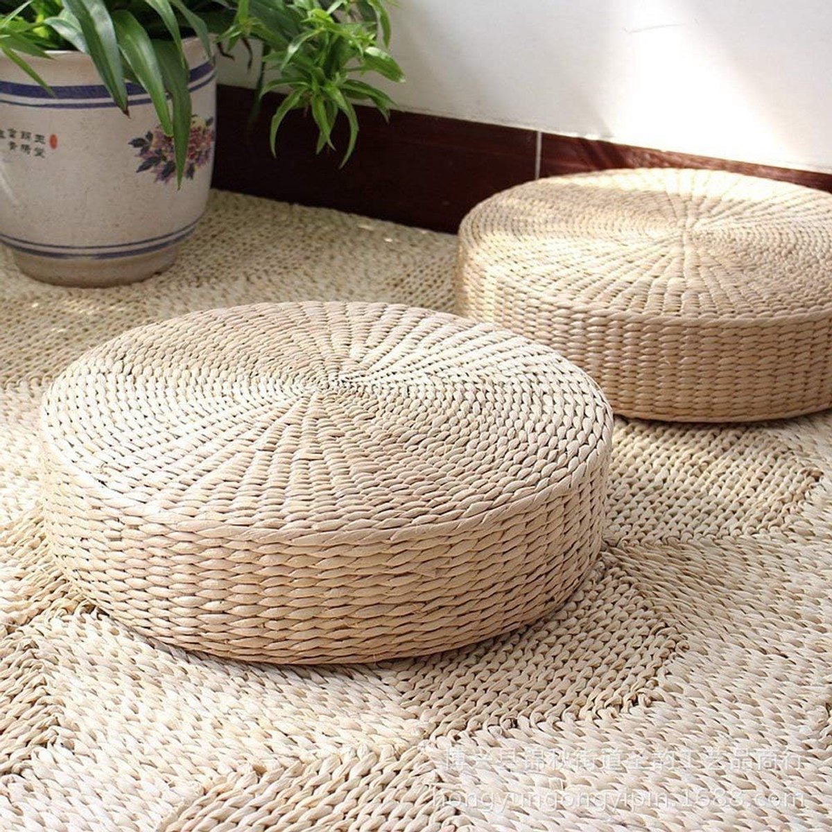 2 Pack Tatami vloerkussen zitkussen grotere maat, ronde gewatteerde kamer vloer stro mat voor buiten stoel (Dia: 19,7)
