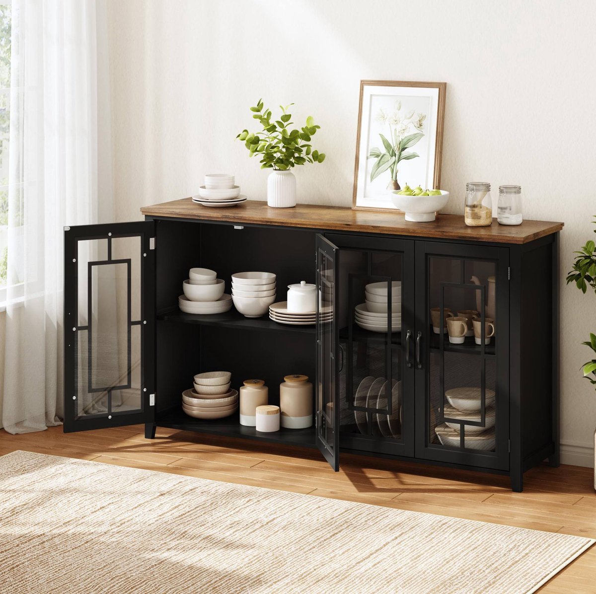 FloraGrace Dressoir - Met Glazen Deuren En Ruime Opbergruimte - Voor Keuken Eetkamer En Woonkamer - MDF In Zwart - 160x40x86 Cm