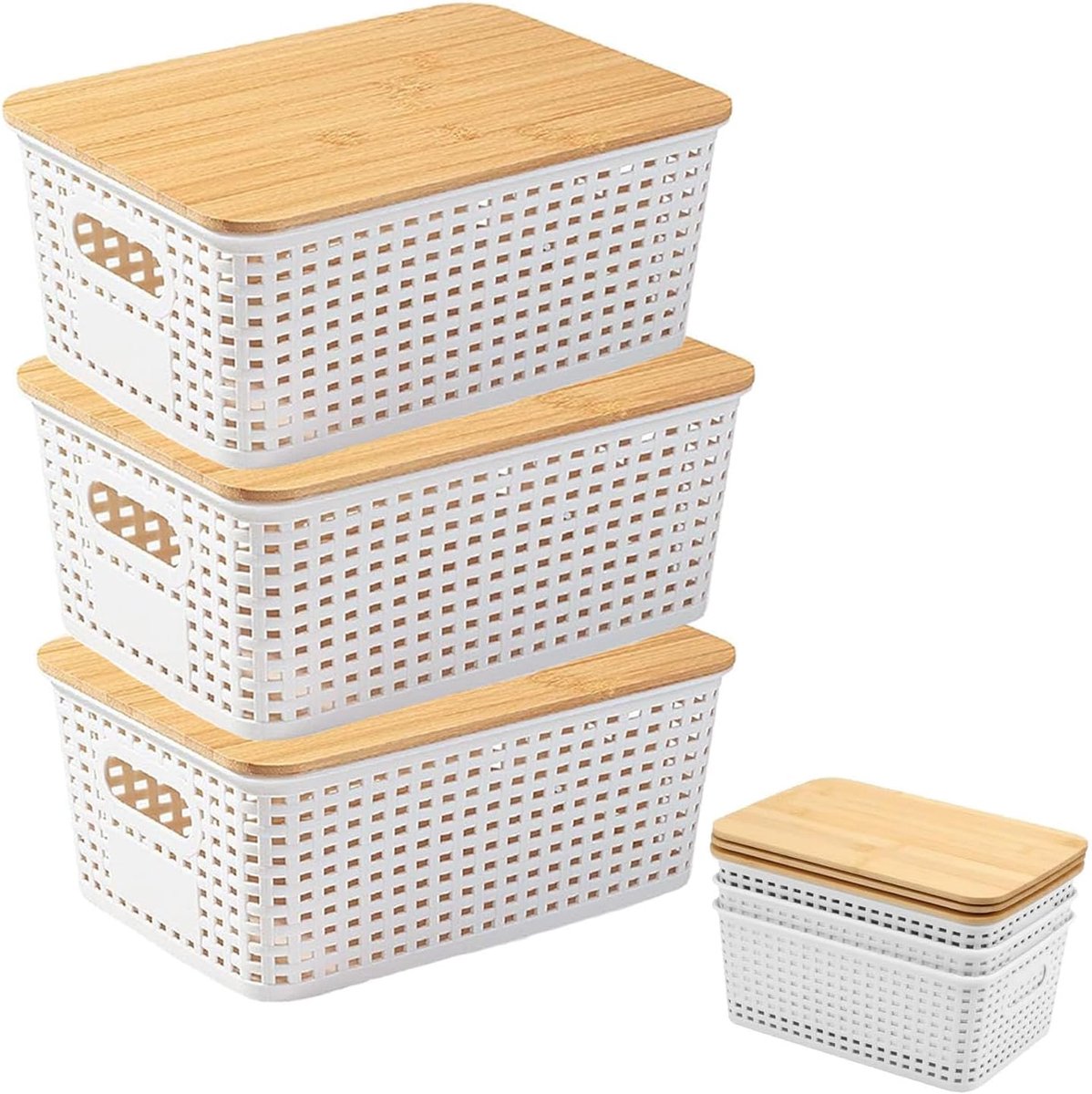 3 stuks opbergdozen met bamboedeksel, 5 l, kunststof, badkamerorganizer, kleine opbergmand met handvat, stapelbare kisten, opslag met deksel, voor keuken, badkamer, slaapkamer, balkon, planken (wit)