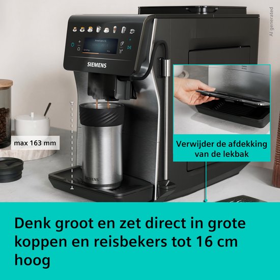 Zwart-metalen Siemens volautomaat espressomachine met grote mok en hand die lekbak verwijdert.