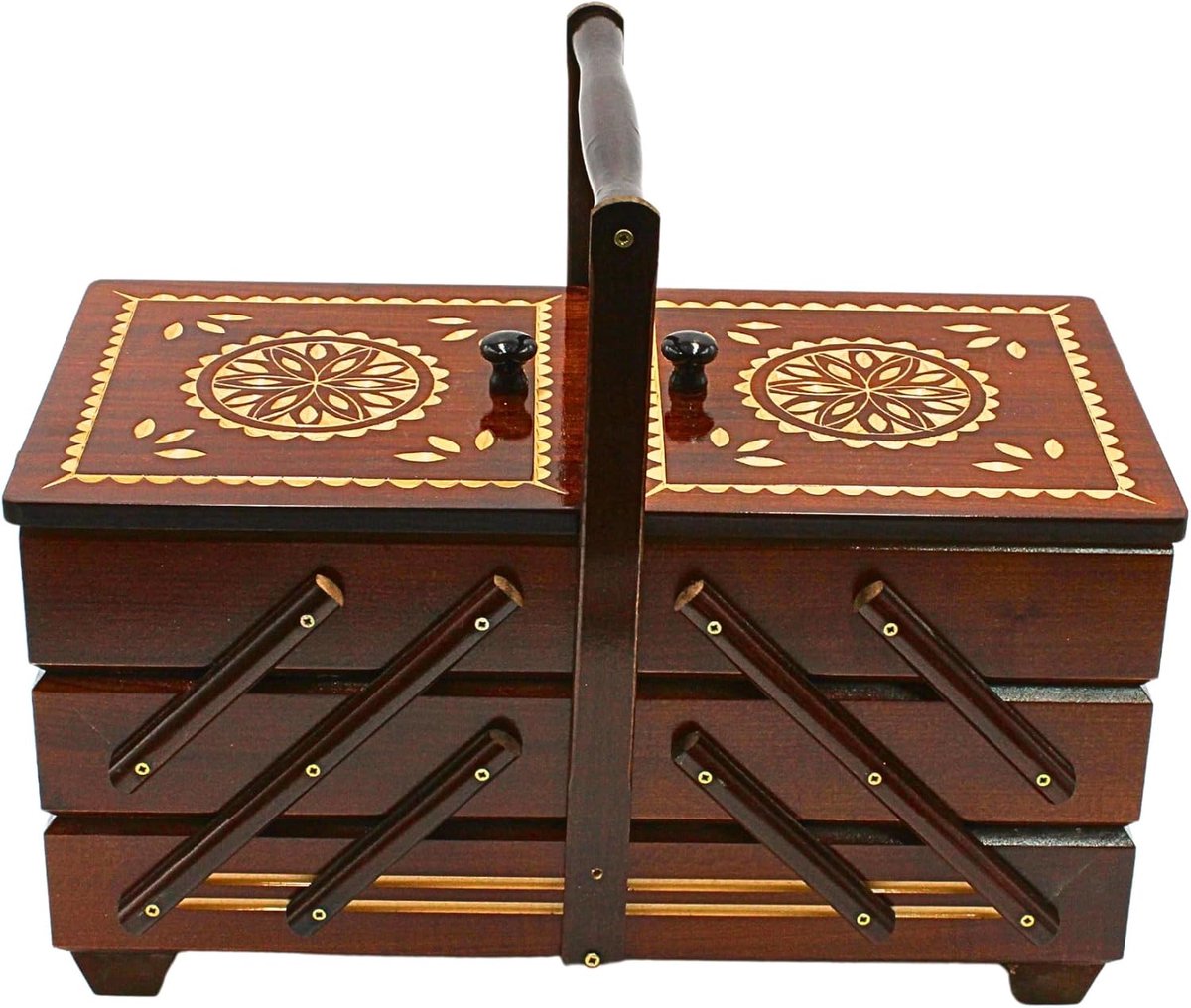 Hoogwaardige naaikistje van fineerhout met 7 vakken in bruin, 42 x 20 x 21 cm, 42 cm (l x b x h)