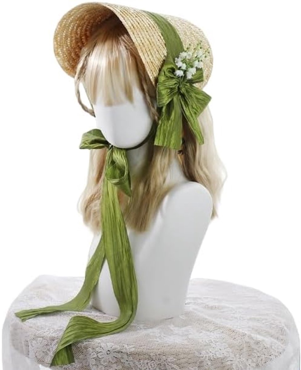 LISM-Vintage Victoriaanse dameszonnehoed Geschikt voor een theekransje, Lolita-meisje, lelietje-van-de-dalen strohoed, beige