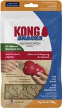 Verpakking Kong Snacks voor honden, met rode Kong speeltje en bruine traktaties. Bacon & Cheese smaak.