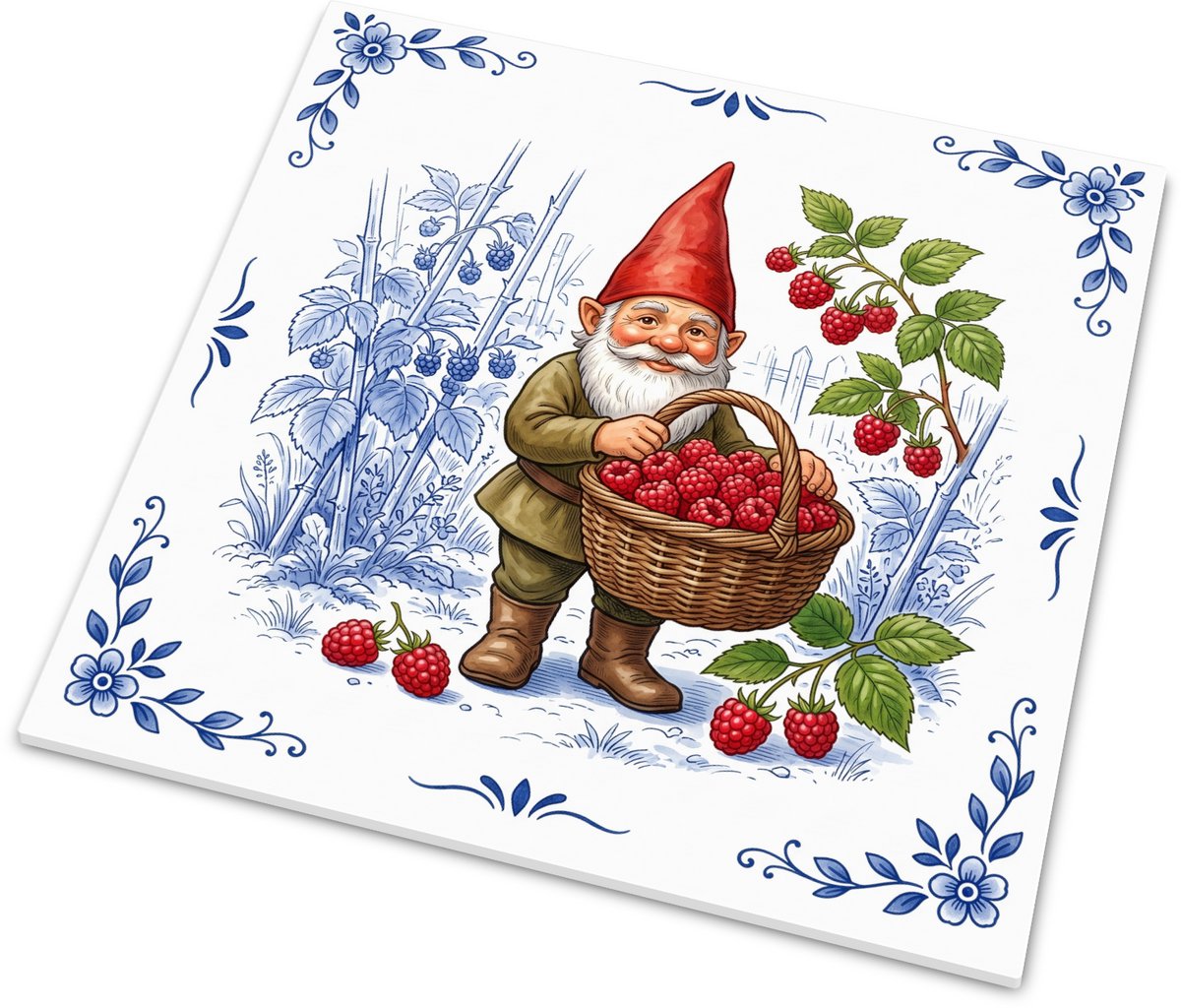 Tegeltje met tuinkabouter met een mand vol frambozen in de fruittuin Delfts blauw bloemenm