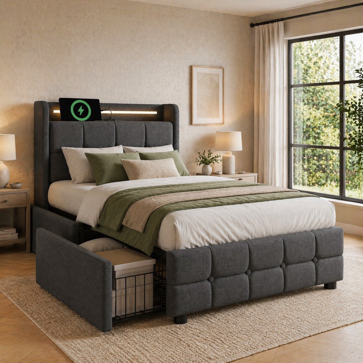 DESMIU Gestoffeerd Bed 90x200 cm – Eenpersoonsbed Met Usb, Stopcontacten En Ledverlichting – 2 Laden En Hoofdbordplank – Slaapkamer – Grijs – Zonder Matras